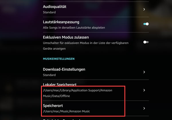 Amazon Music Speicherort auf Mac