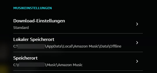 Amazon Music Speicherort finden