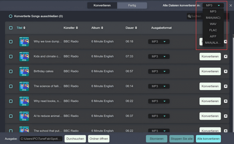 Ausgabeformat von Spotify Podcast wählen