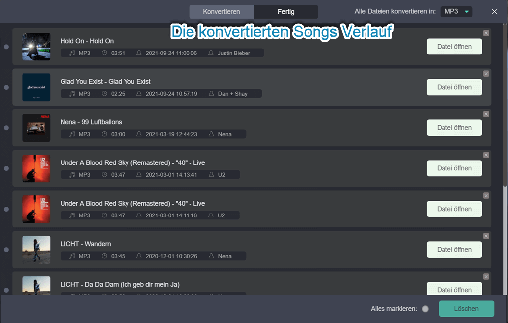 Die konvertierten Songs Verlauf