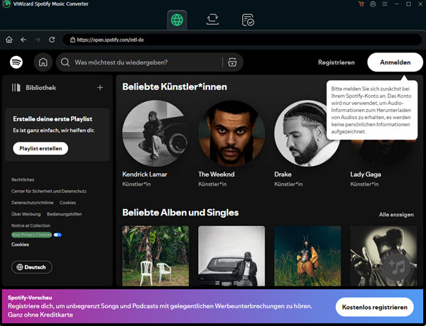 Im ViWizard Spotify Music Converter einloggen