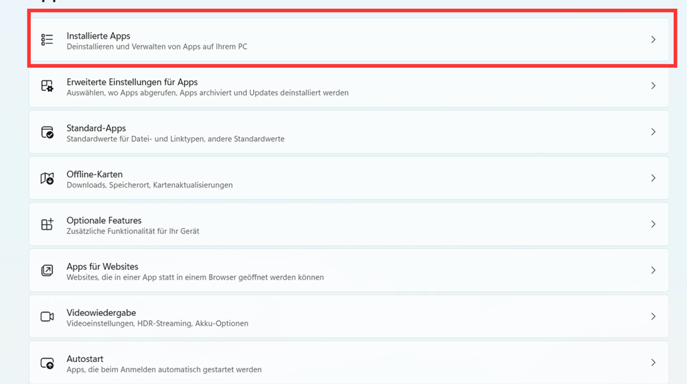 Installierte Apps auf Winodows