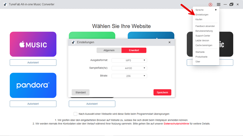 Parameter für Musikdownloads anpassen