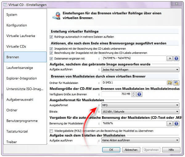 MP3 als Ausgabeformat einstellen von Virtual CD