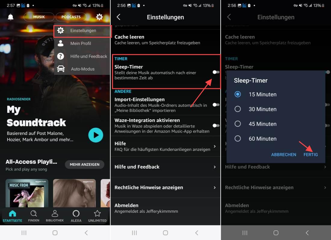 Sleep Timer bei Amazon Music App erstellen auf Handy