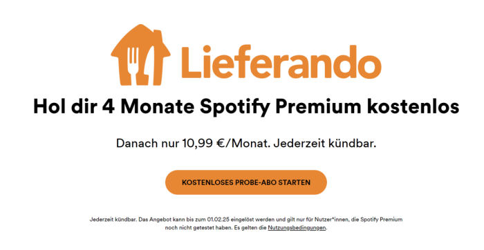 Spotify Premium kostenlos erhalten via Lieferando