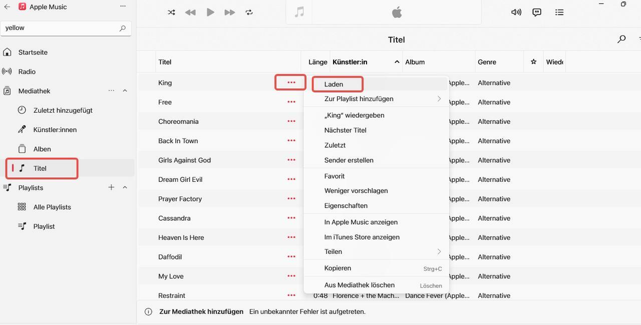 Titel laden auf Apple Music für Windows