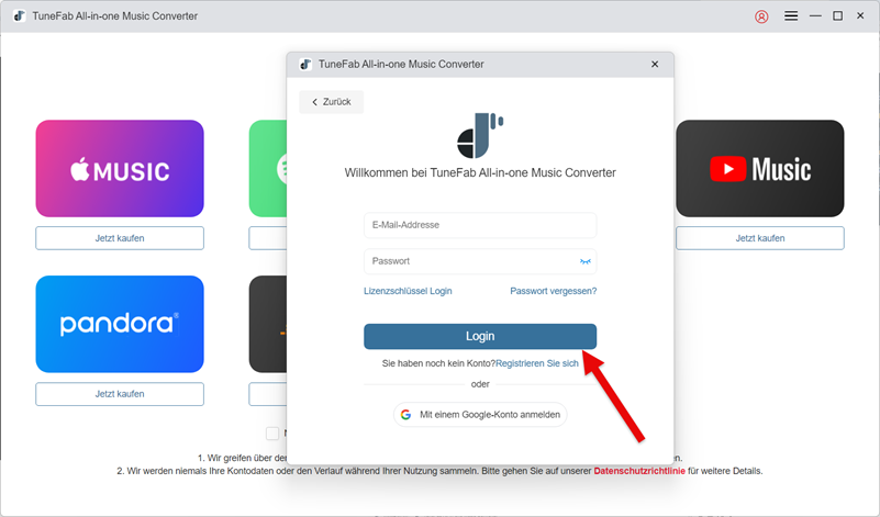 Registrierungsseite in TuneFab