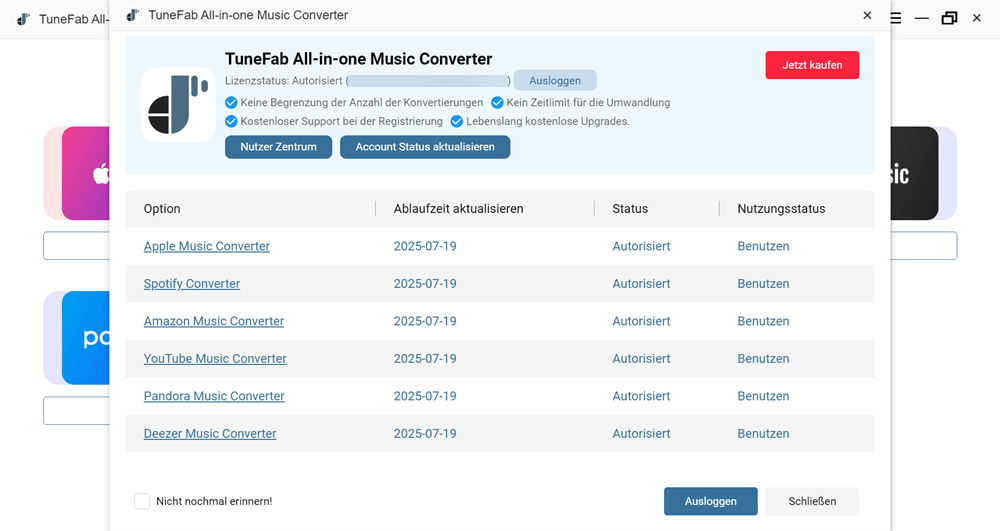 TuneFab Account Status aktualisieren