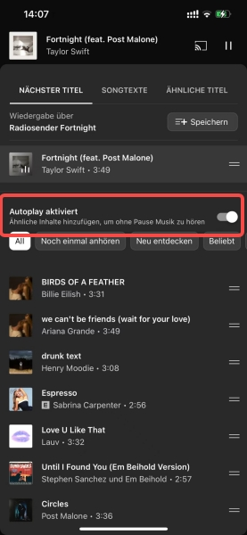 YouTube Music Autoplay deaktivieren auf Handy