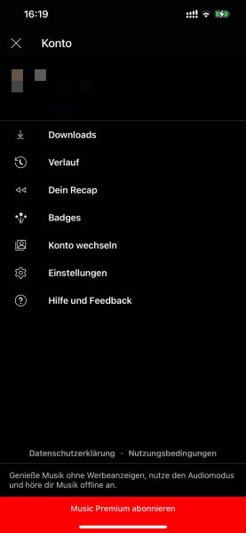 YouTube Music Menü unter Profilbild